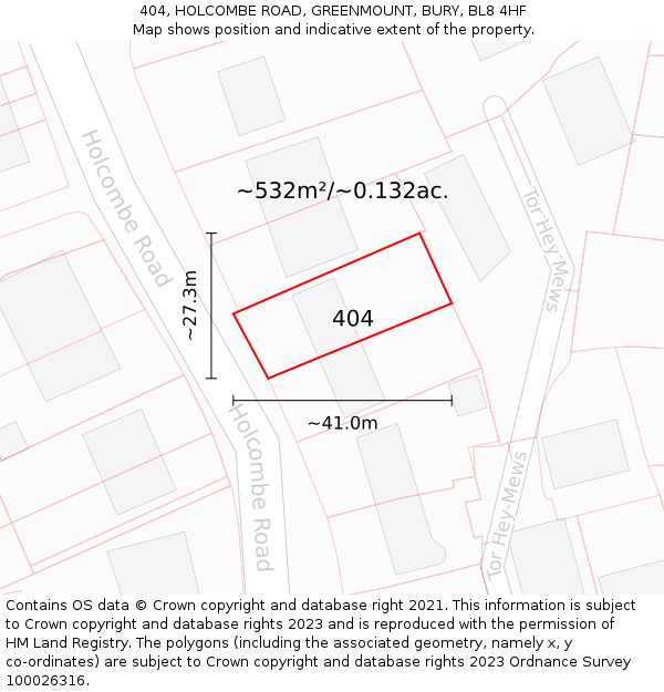 404, HOLCOMBE ROAD, GREENMOUNT, BURY, BL8 4HF: Plot and title map