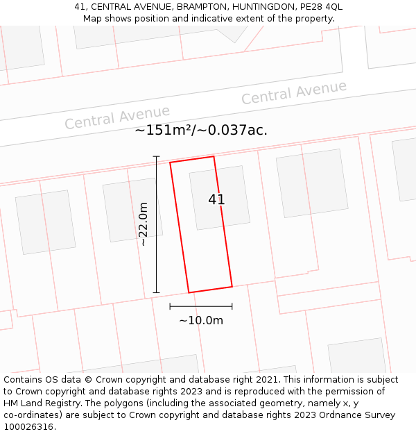 41, CENTRAL AVENUE, BRAMPTON, HUNTINGDON, PE28 4QL: Plot and title map