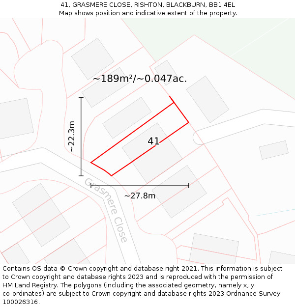 41, GRASMERE CLOSE, RISHTON, BLACKBURN, BB1 4EL: Plot and title map
