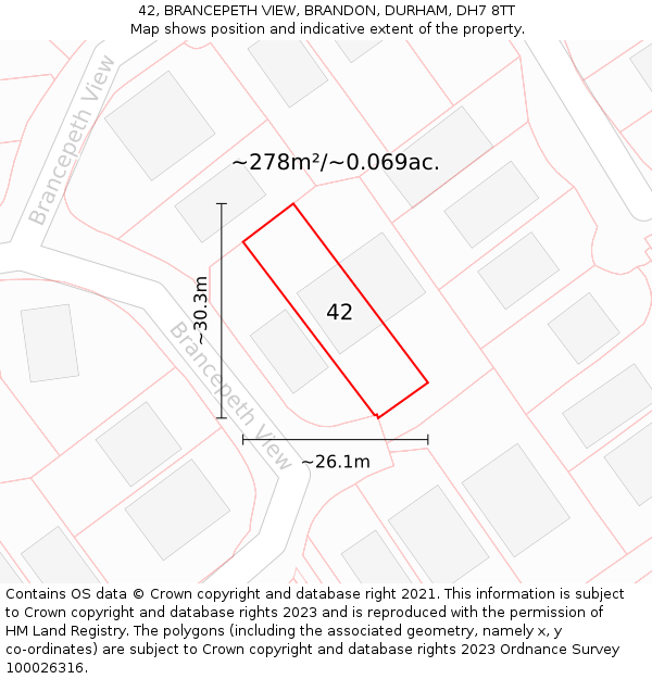 42, BRANCEPETH VIEW, BRANDON, DURHAM, DH7 8TT: Plot and title map