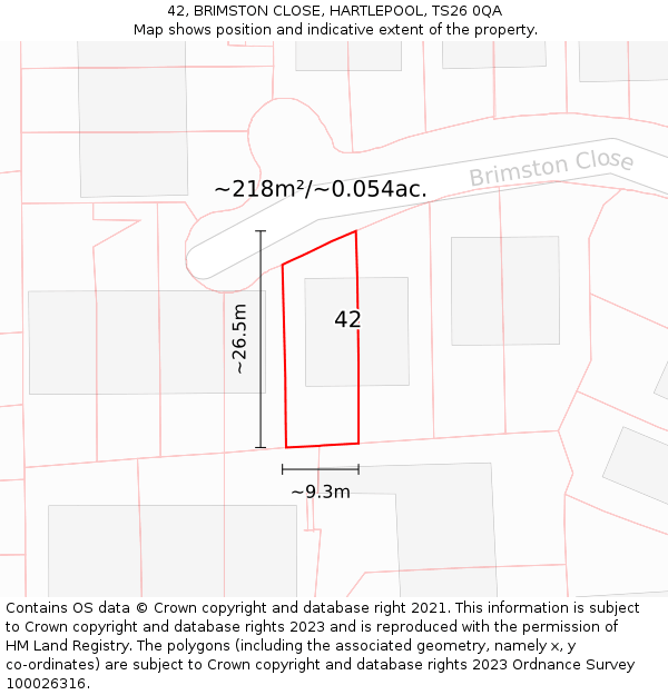 42, BRIMSTON CLOSE, HARTLEPOOL, TS26 0QA: Plot and title map
