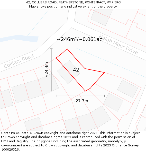 42, COLLIERS ROAD, FEATHERSTONE, PONTEFRACT, WF7 5PG: Plot and title map