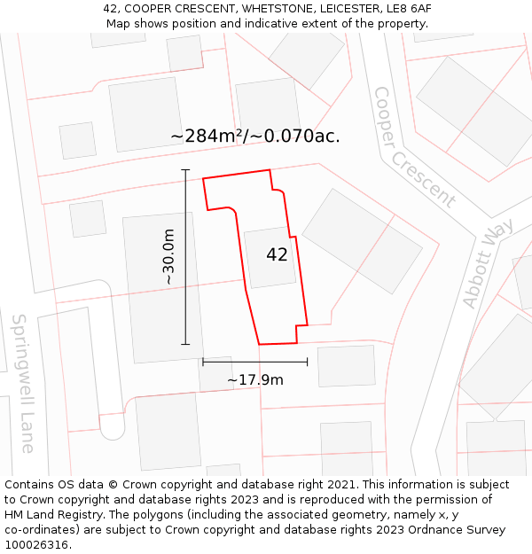 42, COOPER CRESCENT, WHETSTONE, LEICESTER, LE8 6AF: Plot and title map