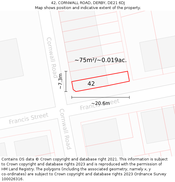 42, CORNWALL ROAD, DERBY, DE21 6DJ: Plot and title map