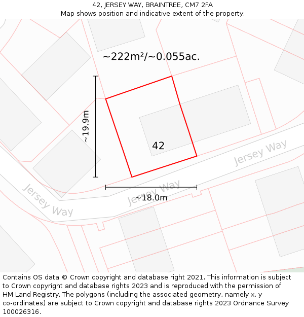 42, JERSEY WAY, BRAINTREE, CM7 2FA: Plot and title map