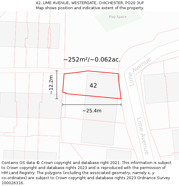 42, LIME AVENUE, WESTERGATE, CHICHESTER, PO20 3UF: Plot and title map