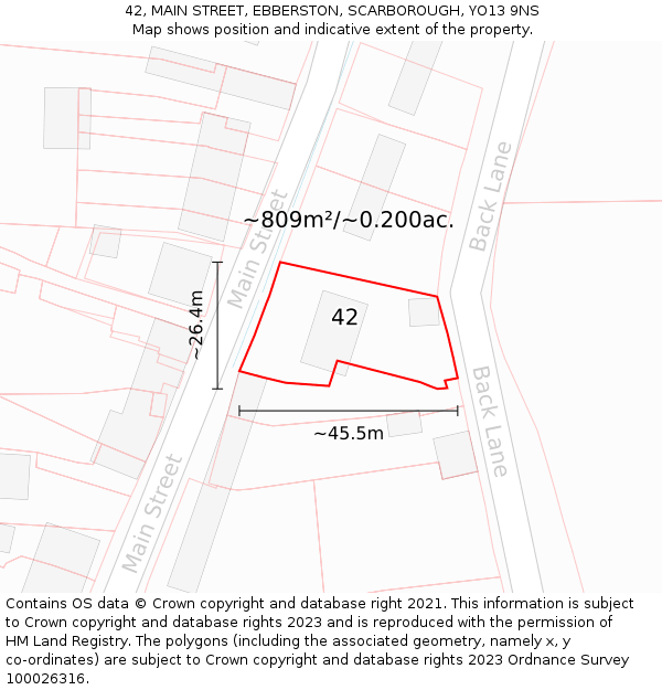 42, MAIN STREET, EBBERSTON, SCARBOROUGH, YO13 9NS: Plot and title map