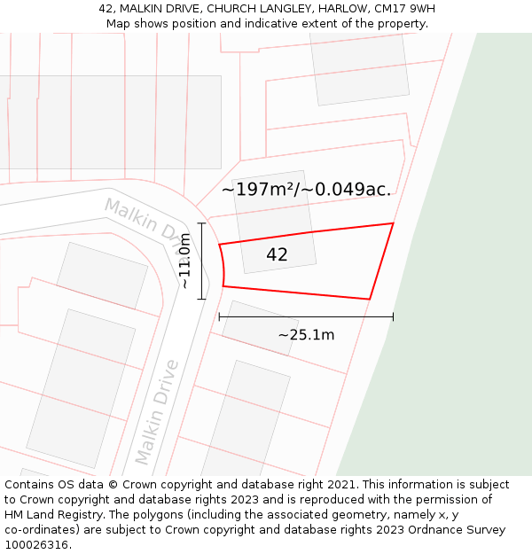 42, MALKIN DRIVE, CHURCH LANGLEY, HARLOW, CM17 9WH: Plot and title map