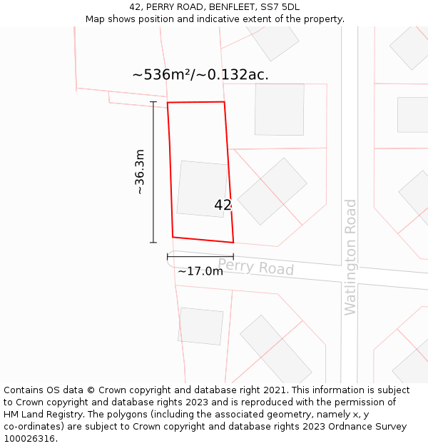 42, PERRY ROAD, BENFLEET, SS7 5DL: Plot and title map