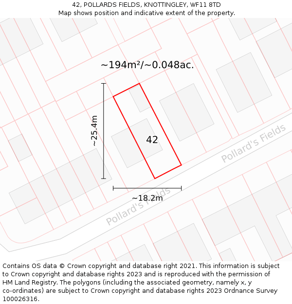 42, POLLARDS FIELDS, KNOTTINGLEY, WF11 8TD: Plot and title map