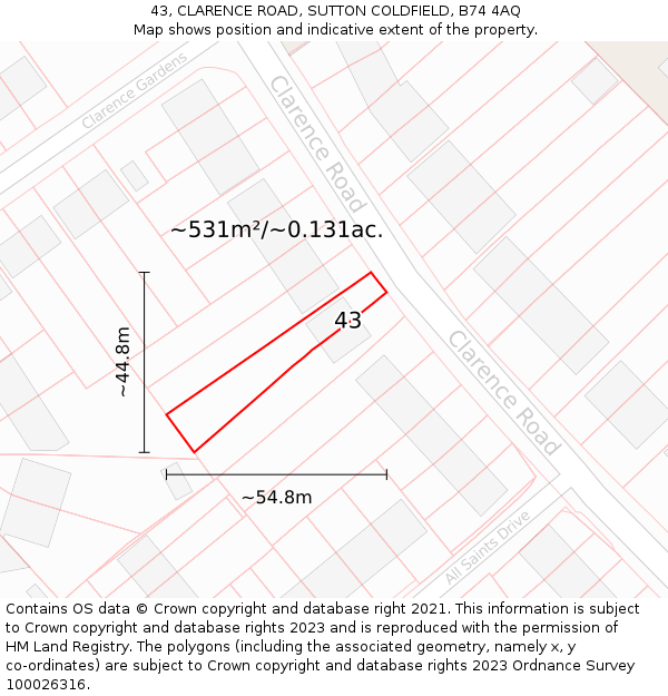 43, CLARENCE ROAD, SUTTON COLDFIELD, B74 4AQ: Plot and title map