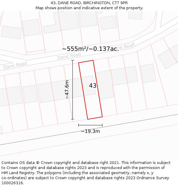 43, DANE ROAD, BIRCHINGTON, CT7 9PR: Plot and title map