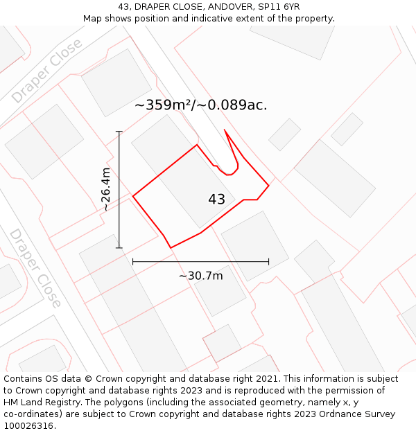 43, DRAPER CLOSE, ANDOVER, SP11 6YR: Plot and title map