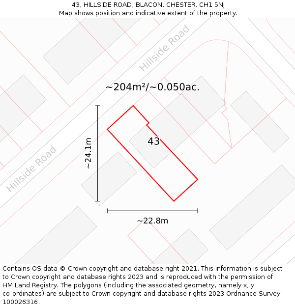 43, HILLSIDE ROAD, BLACON, CHESTER, CH1 5NJ: Plot and title map