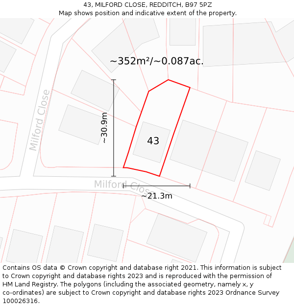 43, MILFORD CLOSE, REDDITCH, B97 5PZ: Plot and title map