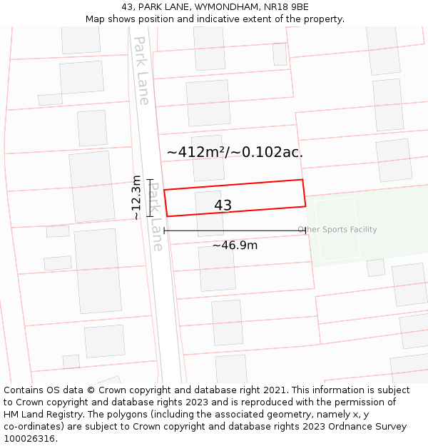 43, PARK LANE, WYMONDHAM, NR18 9BE: Plot and title map