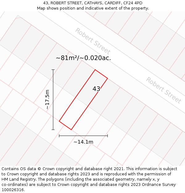 43, ROBERT STREET, CATHAYS, CARDIFF, CF24 4PD: Plot and title map