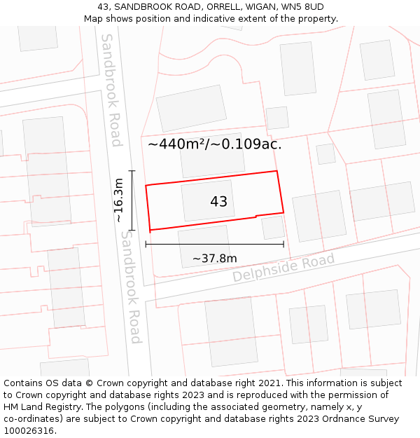 43, SANDBROOK ROAD, ORRELL, WIGAN, WN5 8UD: Plot and title map