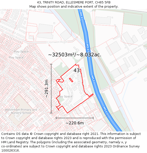 43, TRINITY ROAD, ELLESMERE PORT, CH65 5FB: Plot and title map
