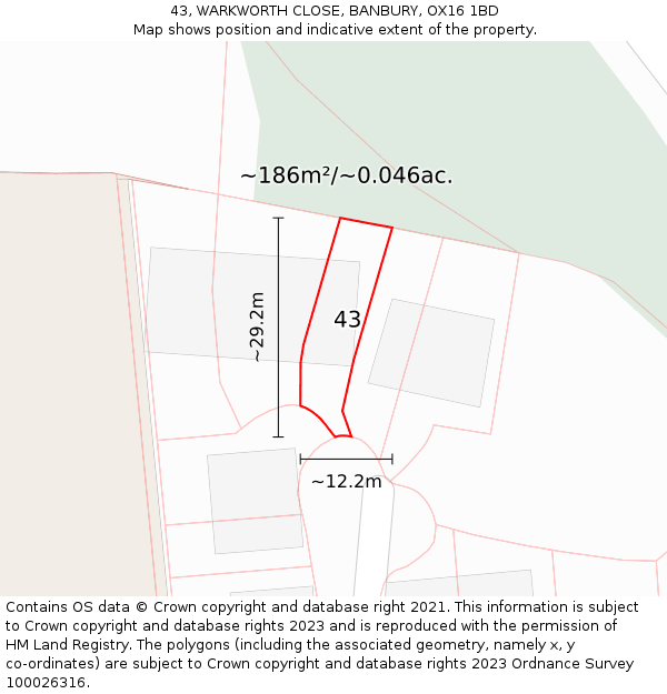 43, WARKWORTH CLOSE, BANBURY, OX16 1BD: Plot and title map