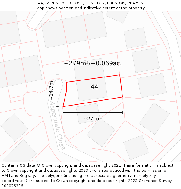 44, ASPENDALE CLOSE, LONGTON, PRESTON, PR4 5LN: Plot and title map