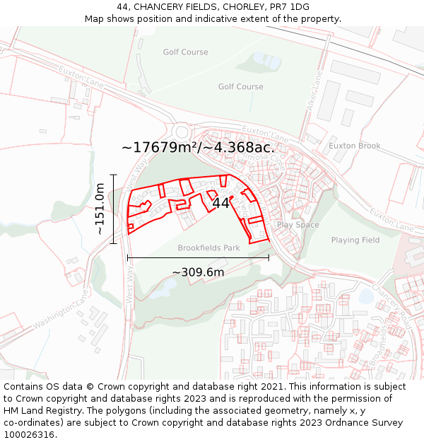 44, CHANCERY FIELDS, CHORLEY, PR7 1DG: Plot and title map