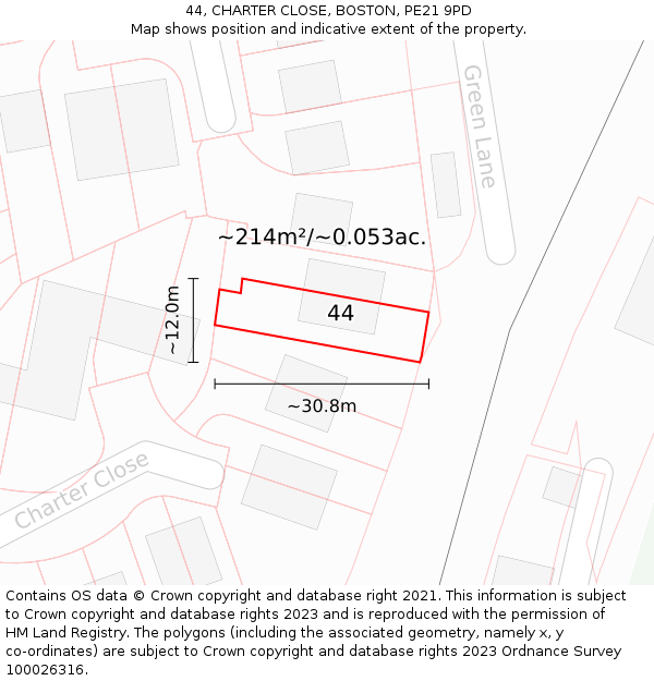 44, CHARTER CLOSE, BOSTON, PE21 9PD: Plot and title map