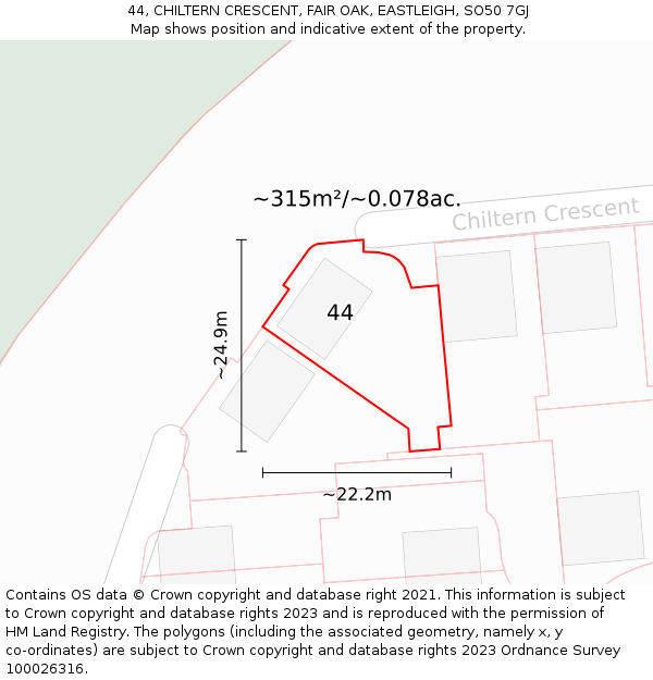 44, CHILTERN CRESCENT, FAIR OAK, EASTLEIGH, SO50 7GJ: Plot and title map