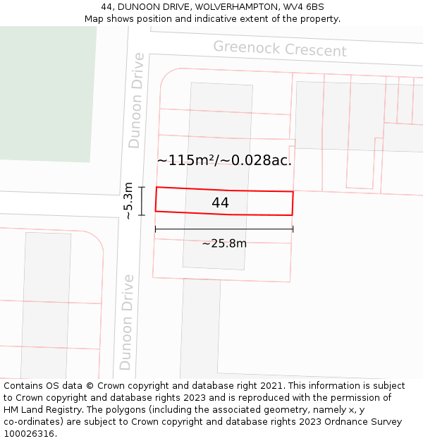 44, DUNOON DRIVE, WOLVERHAMPTON, WV4 6BS: Plot and title map