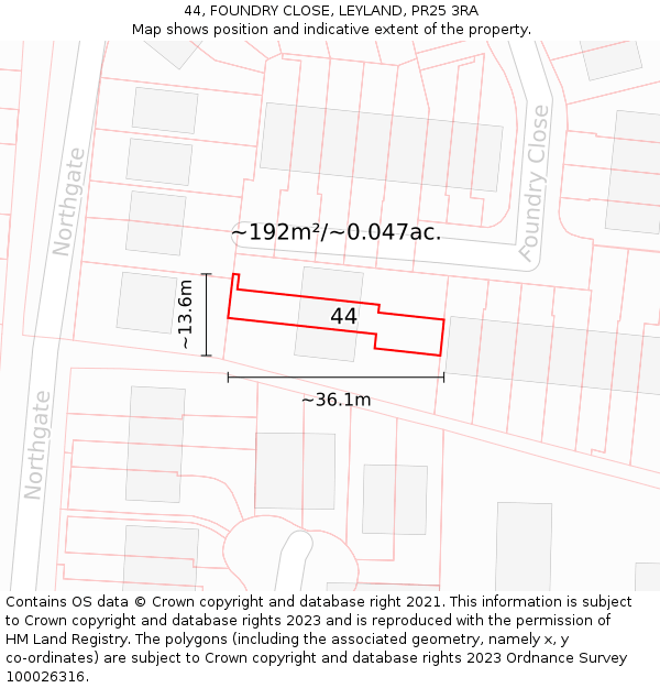 44, FOUNDRY CLOSE, LEYLAND, PR25 3RA: Plot and title map