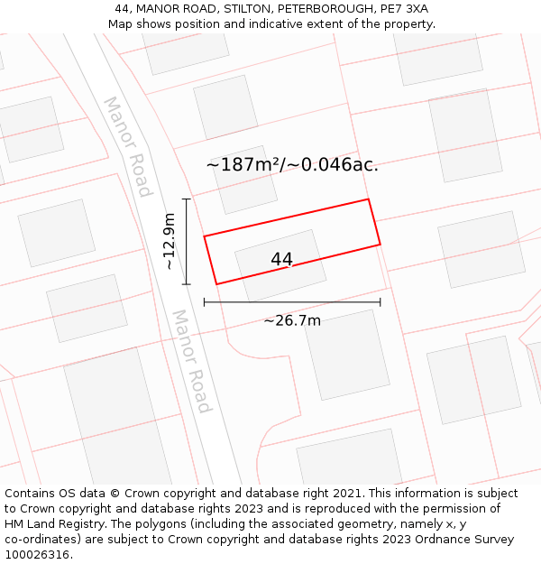 44, MANOR ROAD, STILTON, PETERBOROUGH, PE7 3XA: Plot and title map