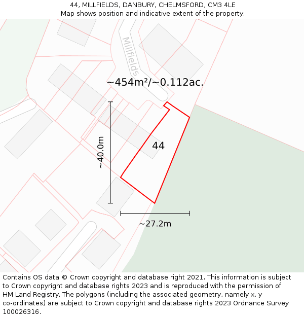 44, MILLFIELDS, DANBURY, CHELMSFORD, CM3 4LE: Plot and title map