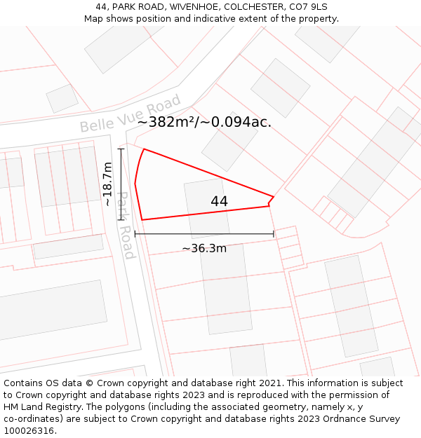44, PARK ROAD, WIVENHOE, COLCHESTER, CO7 9LS: Plot and title map