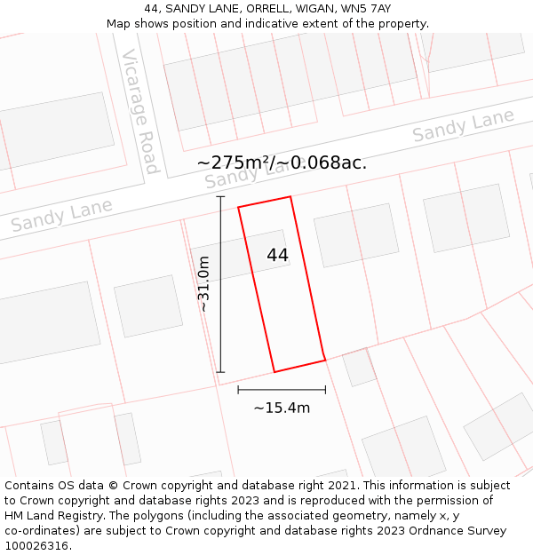 44, SANDY LANE, ORRELL, WIGAN, WN5 7AY: Plot and title map