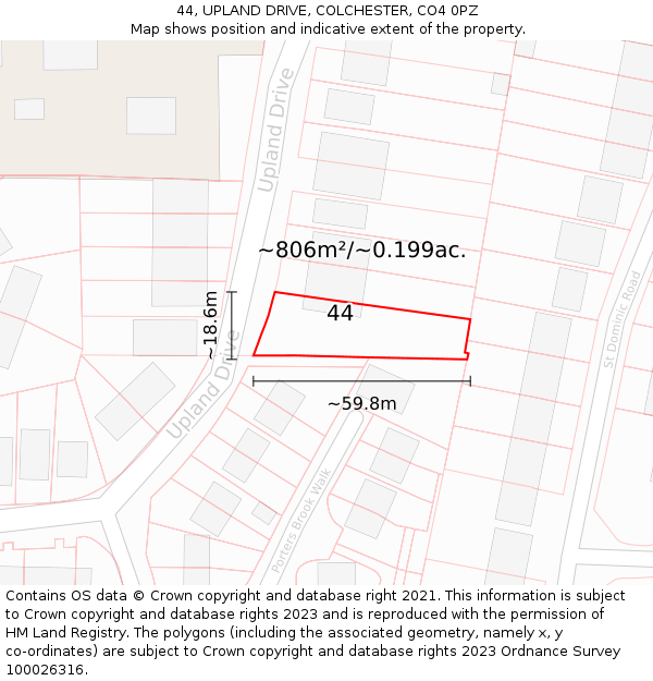 44, UPLAND DRIVE, COLCHESTER, CO4 0PZ: Plot and title map