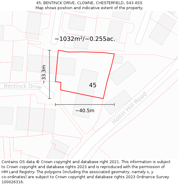45, BENTINCK DRIVE, CLOWNE, CHESTERFIELD, S43 4SS: Plot and title map