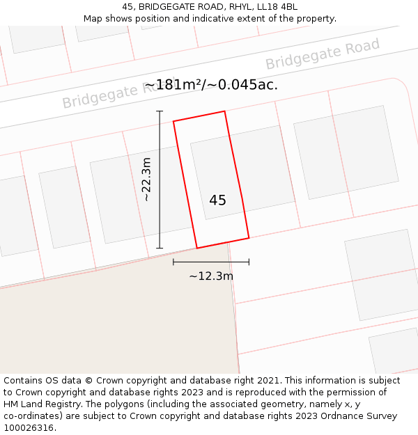 45, BRIDGEGATE ROAD, RHYL, LL18 4BL: Plot and title map