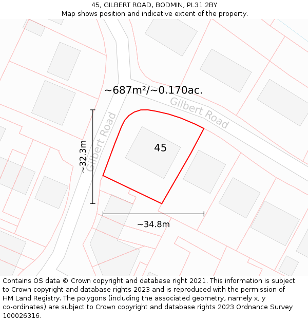45, GILBERT ROAD, BODMIN, PL31 2BY: Plot and title map