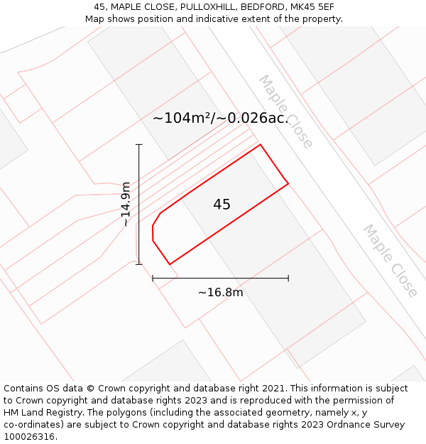45, MAPLE CLOSE, PULLOXHILL, BEDFORD, MK45 5EF: Plot and title map