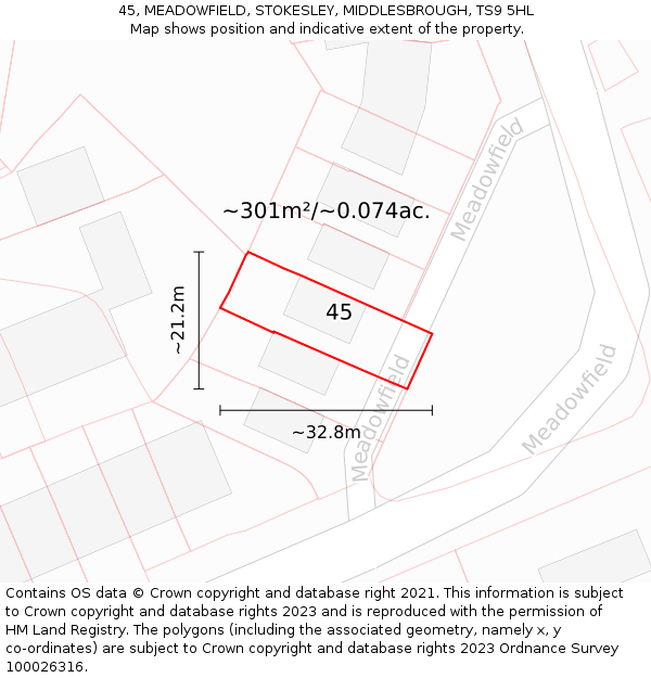 45, MEADOWFIELD, STOKESLEY, MIDDLESBROUGH, TS9 5HL: Plot and title map