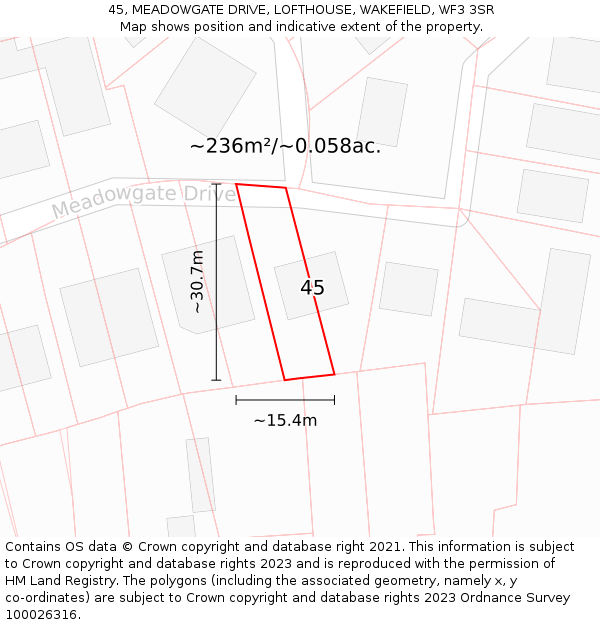 45, MEADOWGATE DRIVE, LOFTHOUSE, WAKEFIELD, WF3 3SR: Plot and title map