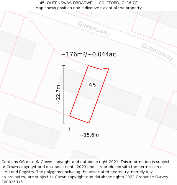 45, QUEENSWAY, BROADWELL, COLEFORD, GL16 7JF: Plot and title map