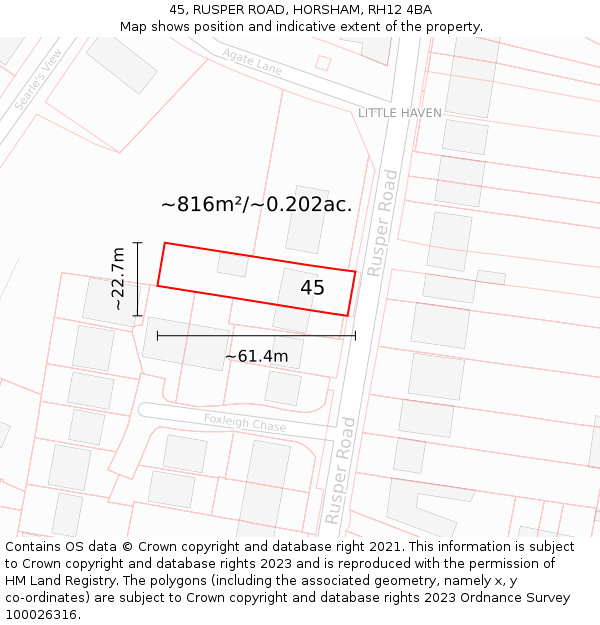 45, RUSPER ROAD, HORSHAM, RH12 4BA: Plot and title map