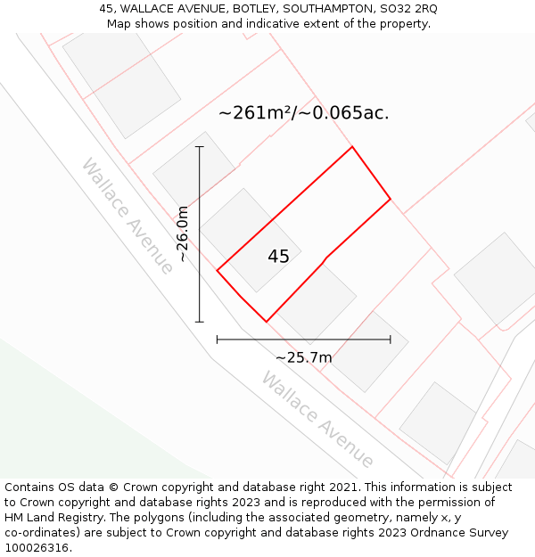 45, WALLACE AVENUE, BOTLEY, SOUTHAMPTON, SO32 2RQ: Plot and title map