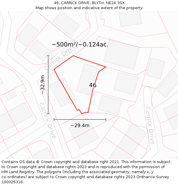 46, CARRICK DRIVE, BLYTH, NE24 3SX: Plot and title map