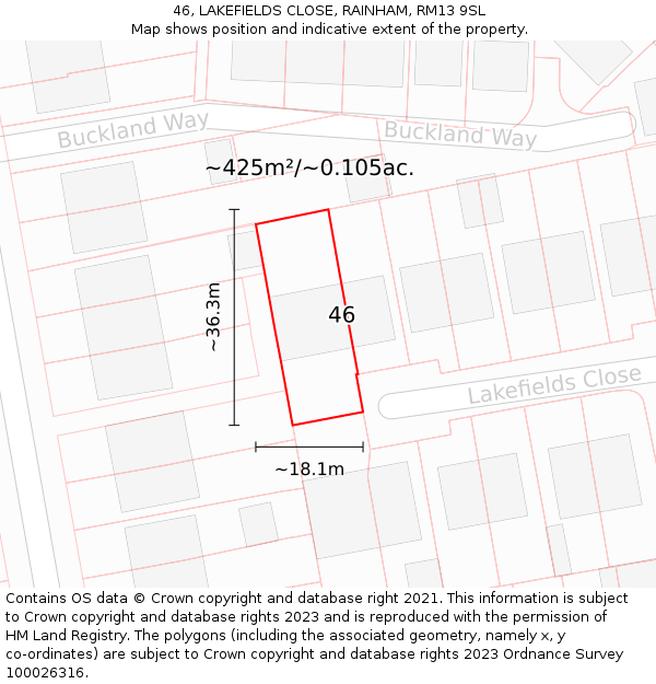 46, LAKEFIELDS CLOSE, RAINHAM, RM13 9SL: Plot and title map