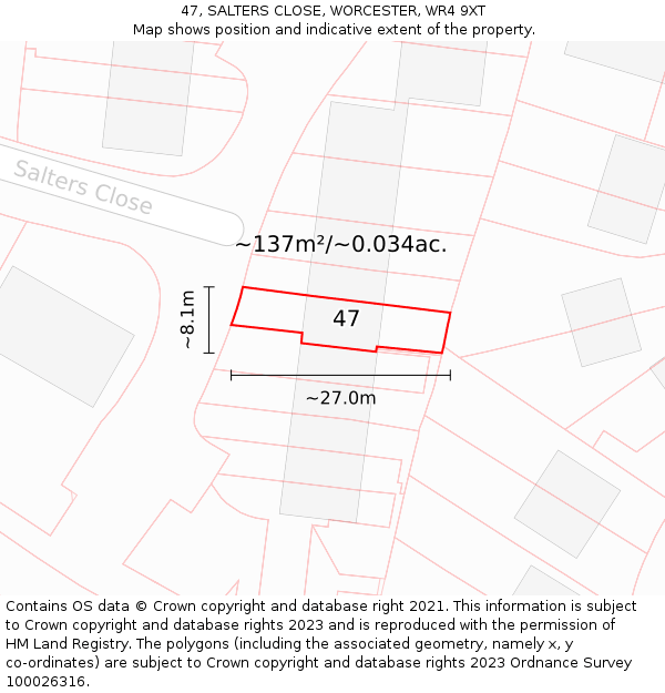 47, SALTERS CLOSE, WORCESTER, WR4 9XT: Plot and title map