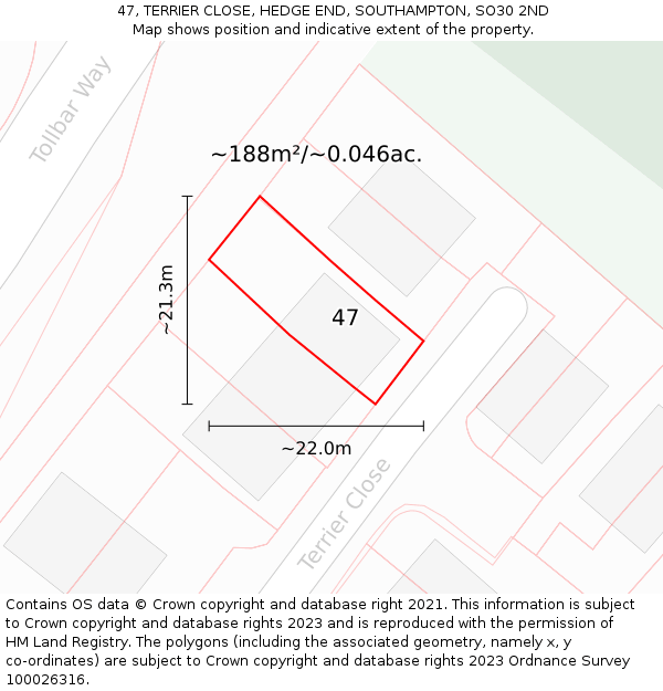47, TERRIER CLOSE, HEDGE END, SOUTHAMPTON, SO30 2ND: Plot and title map