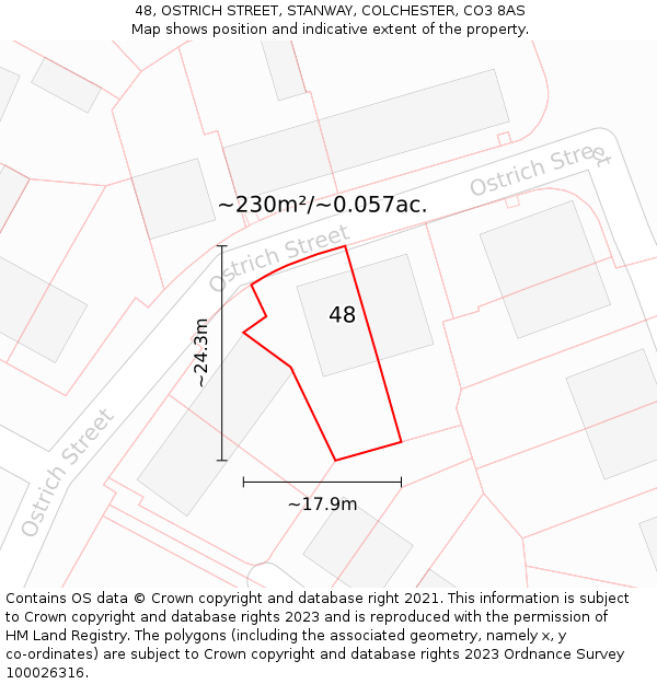 48, OSTRICH STREET, STANWAY, COLCHESTER, CO3 8AS: Plot and title map