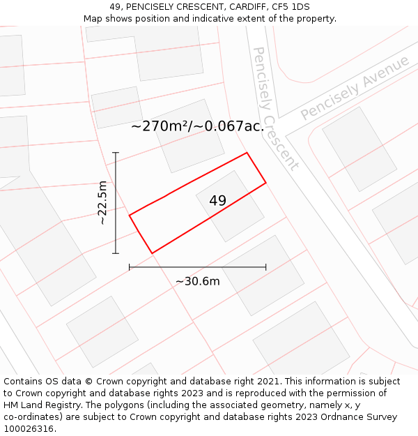 49, PENCISELY CRESCENT, CARDIFF, CF5 1DS: Plot and title map